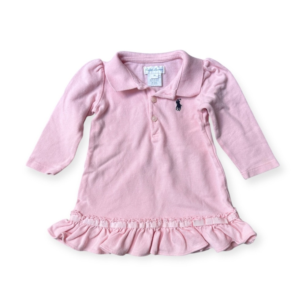 Ralph Lauren Pink Long Sleeve Polo Dress Baby Girls 9M Ruffle Hem Pony Logo
